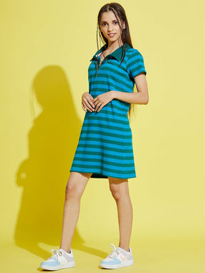 Girls Blue & Green Stripes Rib Polo Neck Dress
