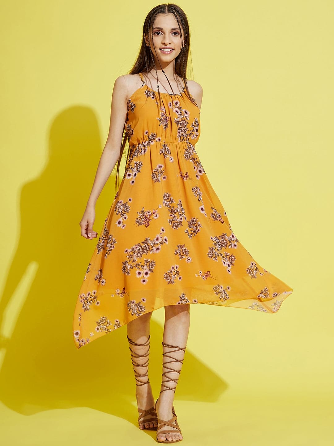 Girls Mustard Floral Strappy Dress-Girls Dresses-SASSAFRAS