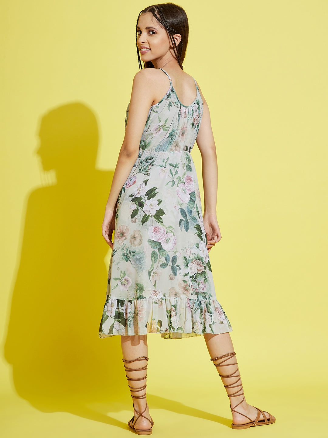Girls Pista Green Floral Strappy High Low Dress