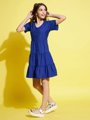 Girls Royal Blue Front Button Tiered Dress