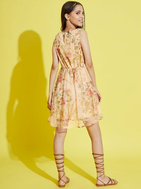 Girls Yellow Floral Printed Tulle Gathered Dress