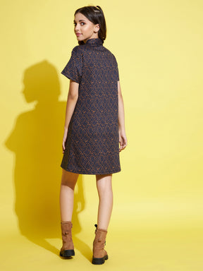 Girls Mustard & Blue Geometric Polo Neck Dress