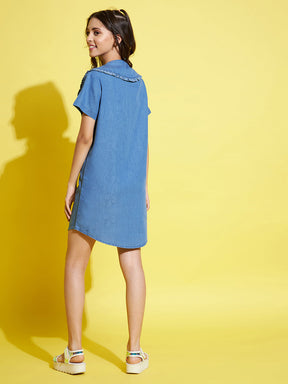 Girls Blue Peterpan Front Button Shirt Dress