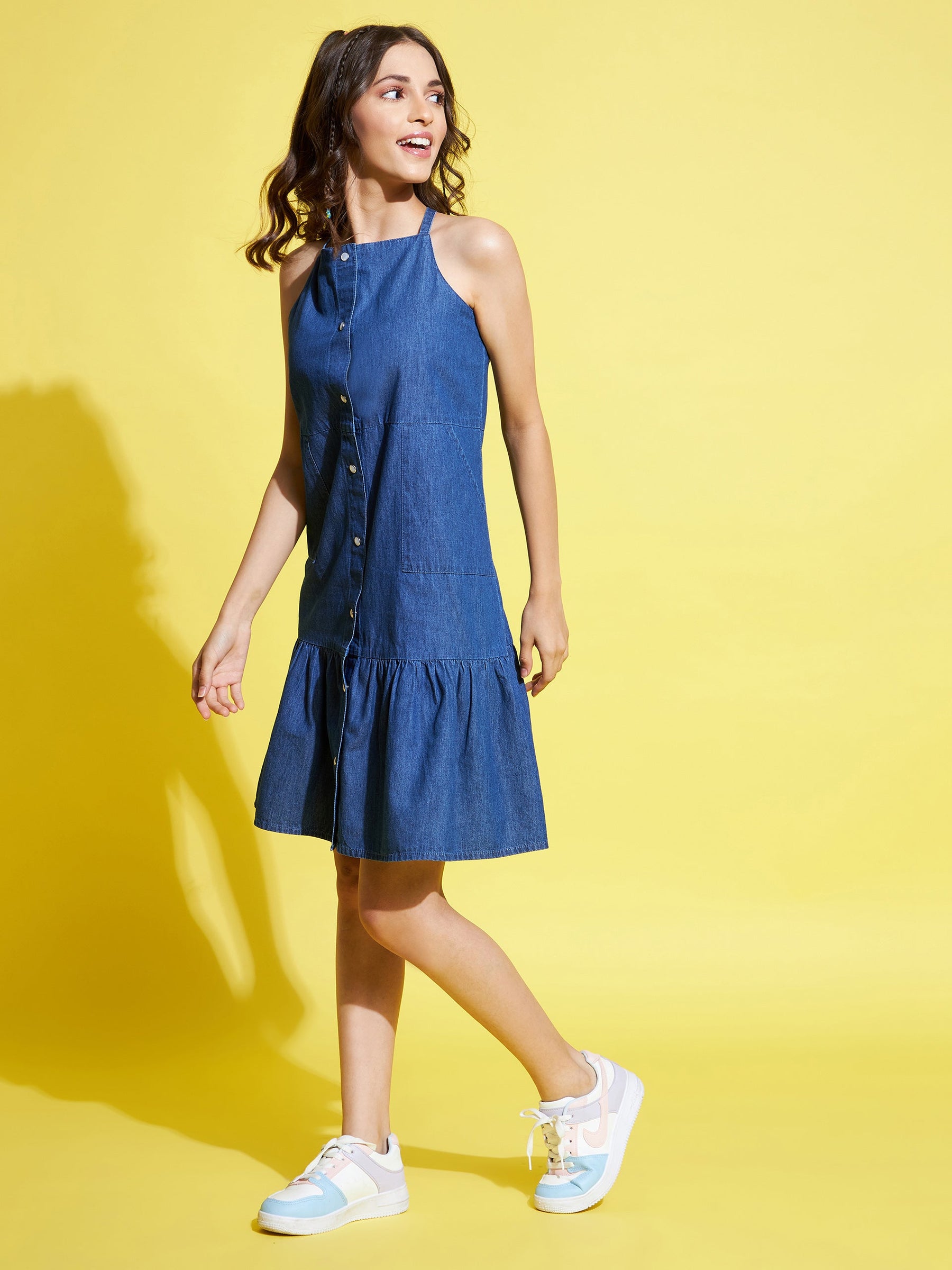Girls Blue Tencel Front Snap Button Strappy Dress