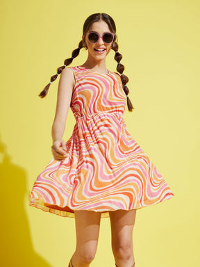Girls Beige Multi Wave Stripes Mesh Gathered Dress-Girls Dresses-SASSAFRAS