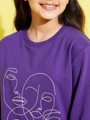 Girls Purple Face Print Terry Sweat Dress