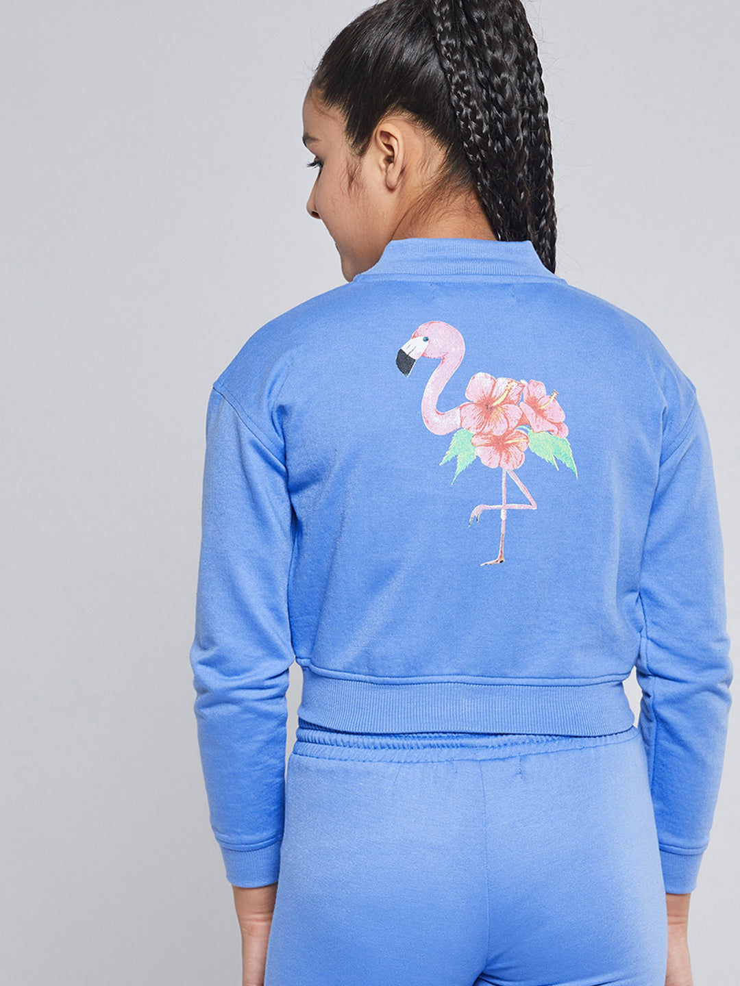 Girls Blue Fleece Flamingo Bomber Jacket