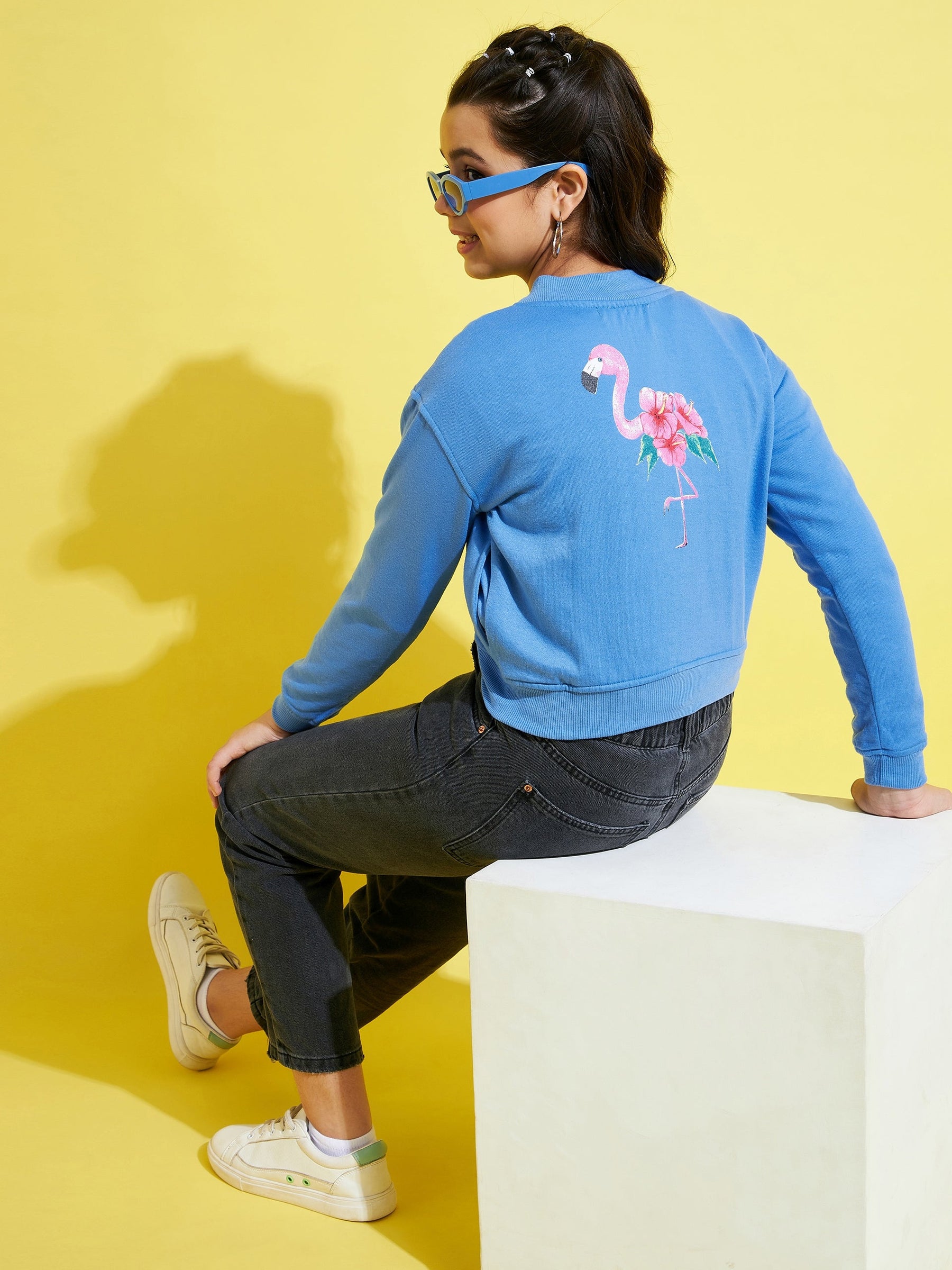 Blue Fleece Flamingo Bomber Jacket-Noh.Voh