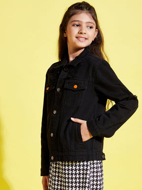 Girls Black Distressed Neon Button Denim Jacket