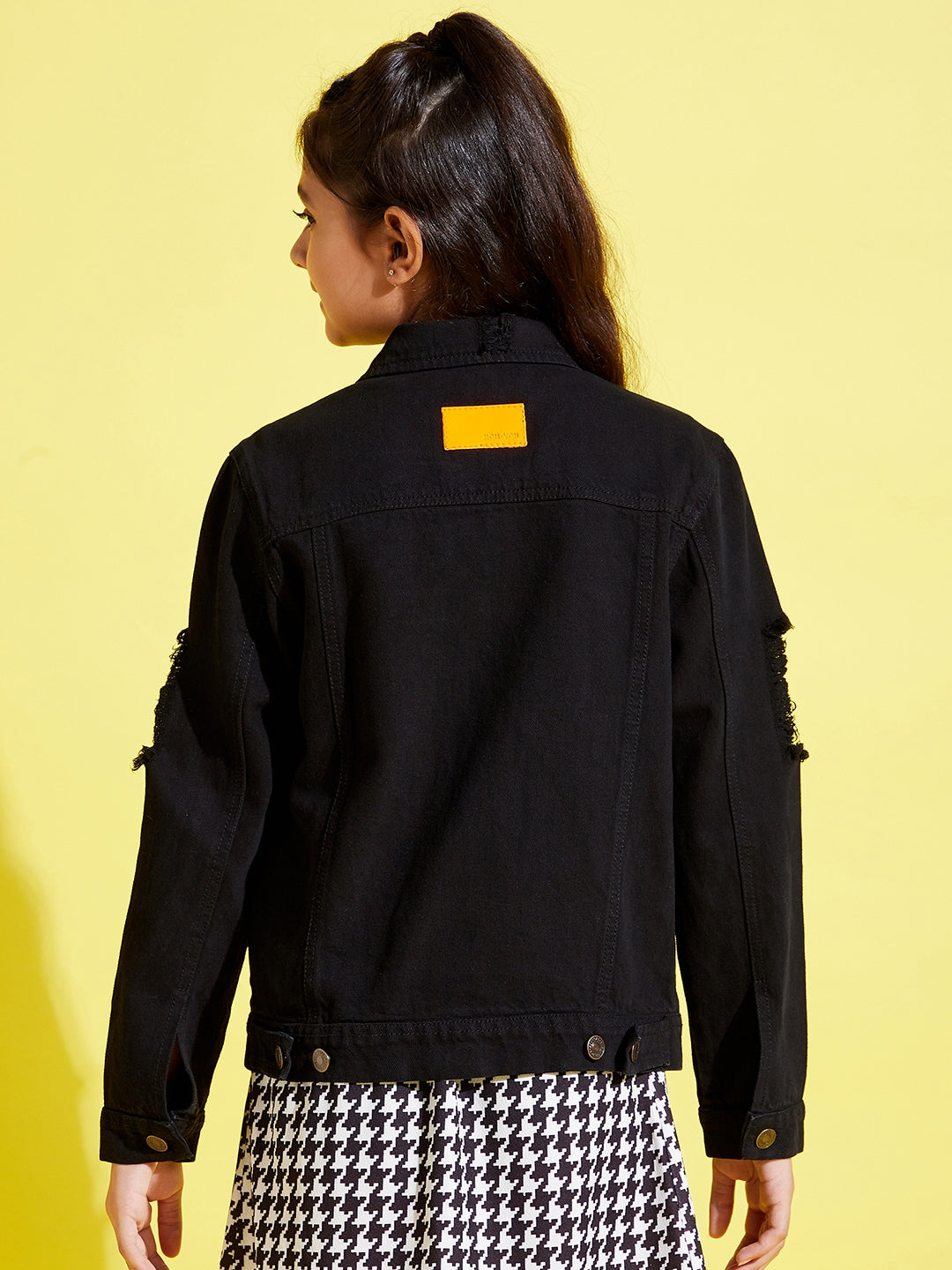 Girls Black Distressed Neon Button Denim Jacket