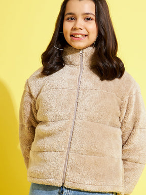 Girls Mouse Grey Fur Front Zipper Quilted Jacket