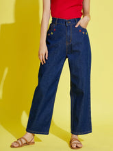 Girls Navy Pocket Embroidery Straight Jeans-Girls Jeans-SASSAFRAS