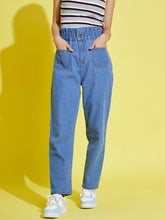 Girls Blue Paper Bag Waist Carrot Jeans-Girls Jeans-SASSAFRAS