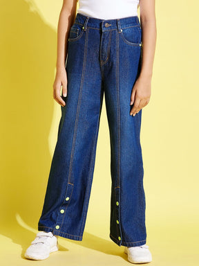 Blue Front Snap Button Straight Jeans-Noh.Voh