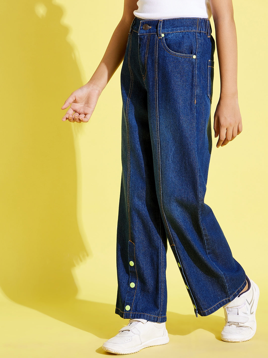 Girls Blue Front Snap Button Straight Jeans