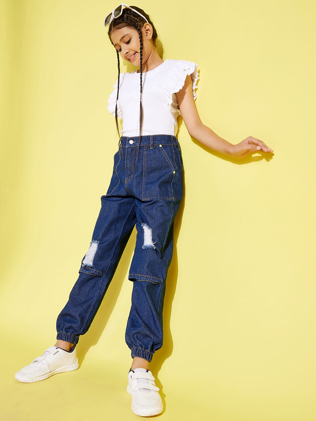 Buy Girls Blue Knee Slit Denim Jogger Jeans Online at Sassafras