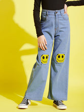 Ice Blue Smiley Patch Print Straight Jeans-Noh.Voh