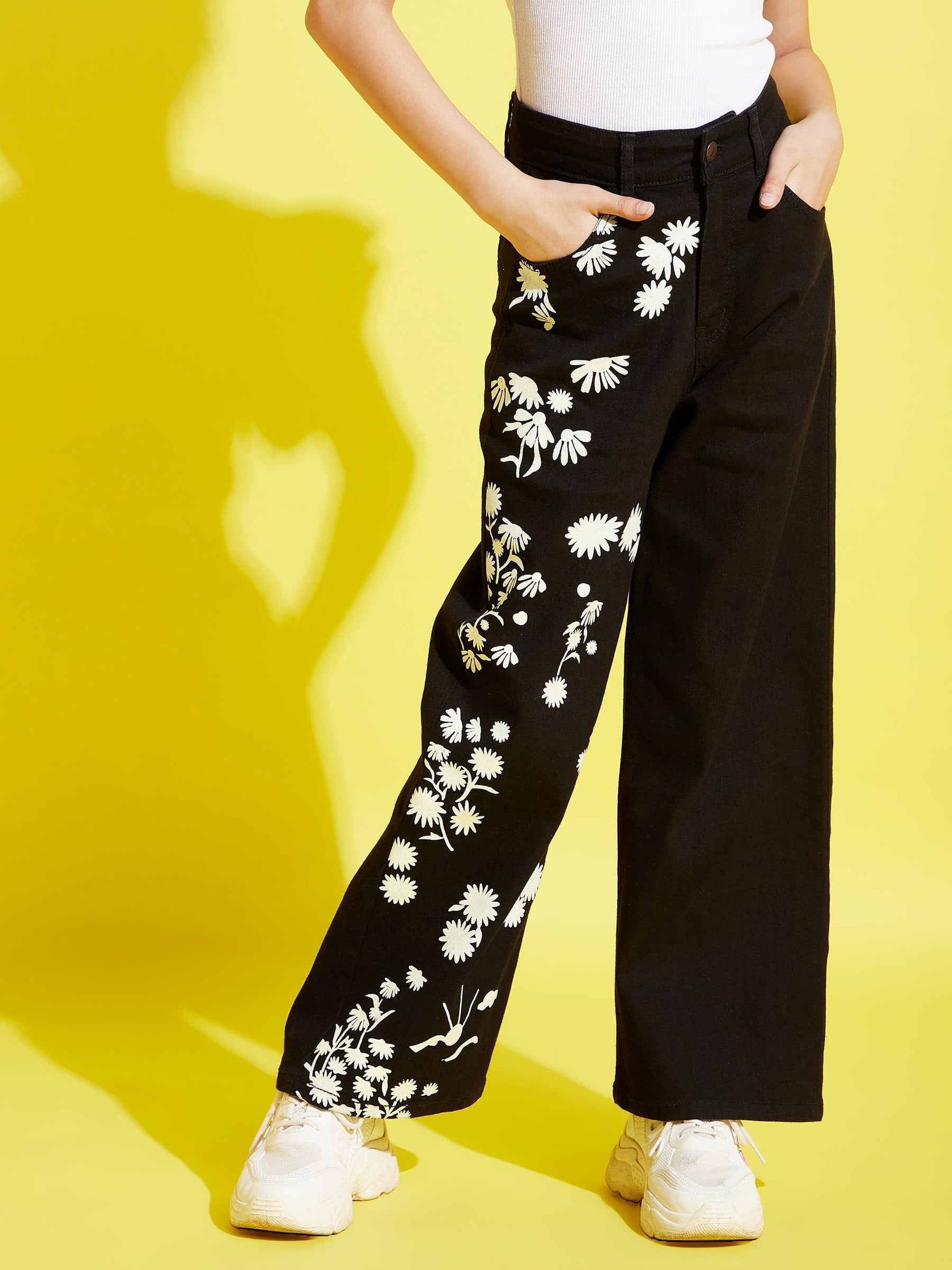 Girls Black Small Flower Print Straight Jeans - Main Image