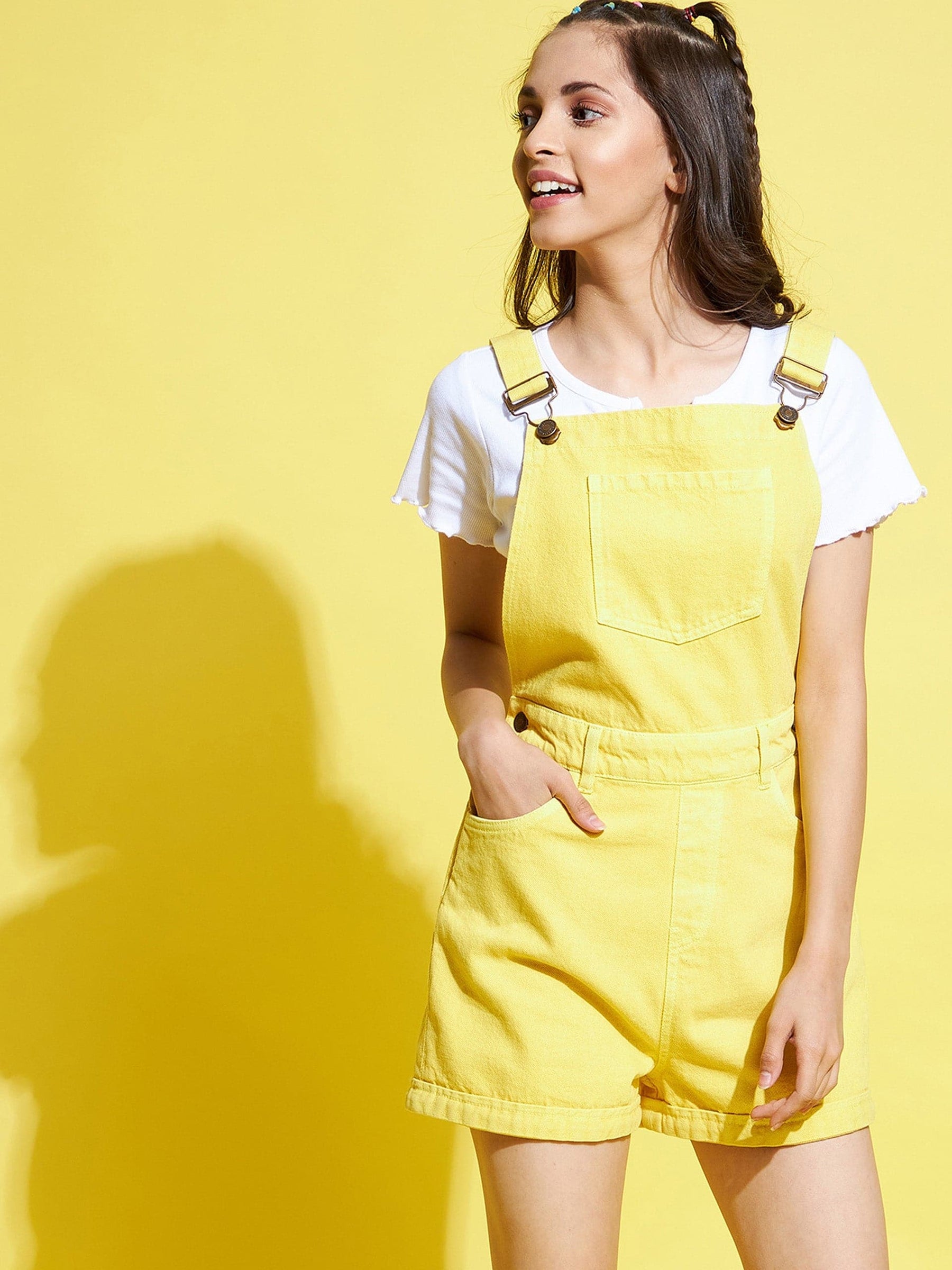 yellow denim overall dress Yellow Overall Dress Outfit Fall