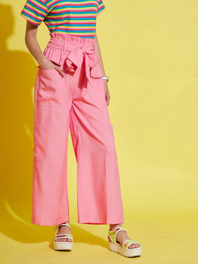 Girls Pink Paper Bag Multi Pocket Pants