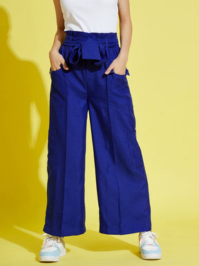 Girls Royal Blue Paper Bag Multi Pocket Pants-Girls Pants-SASSAFRAS