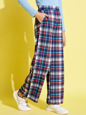 Girls Blue & Red Check Straight Pants