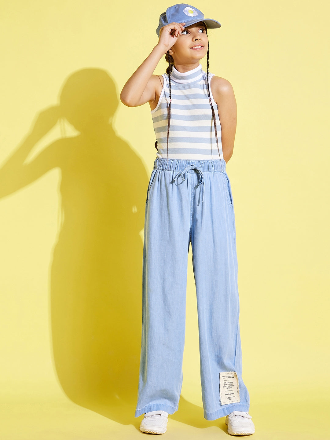 Girls Blue Acid Wash Tencel Patch Pocket Straight Pants