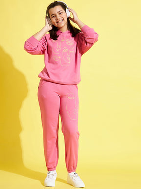 Girls Pink Face Print Terry Joggers