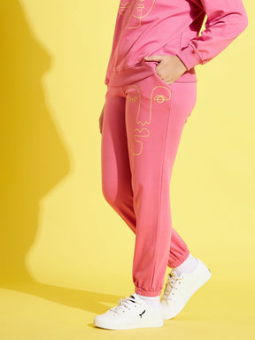 Girls Pink Face Print Terry Joggers
