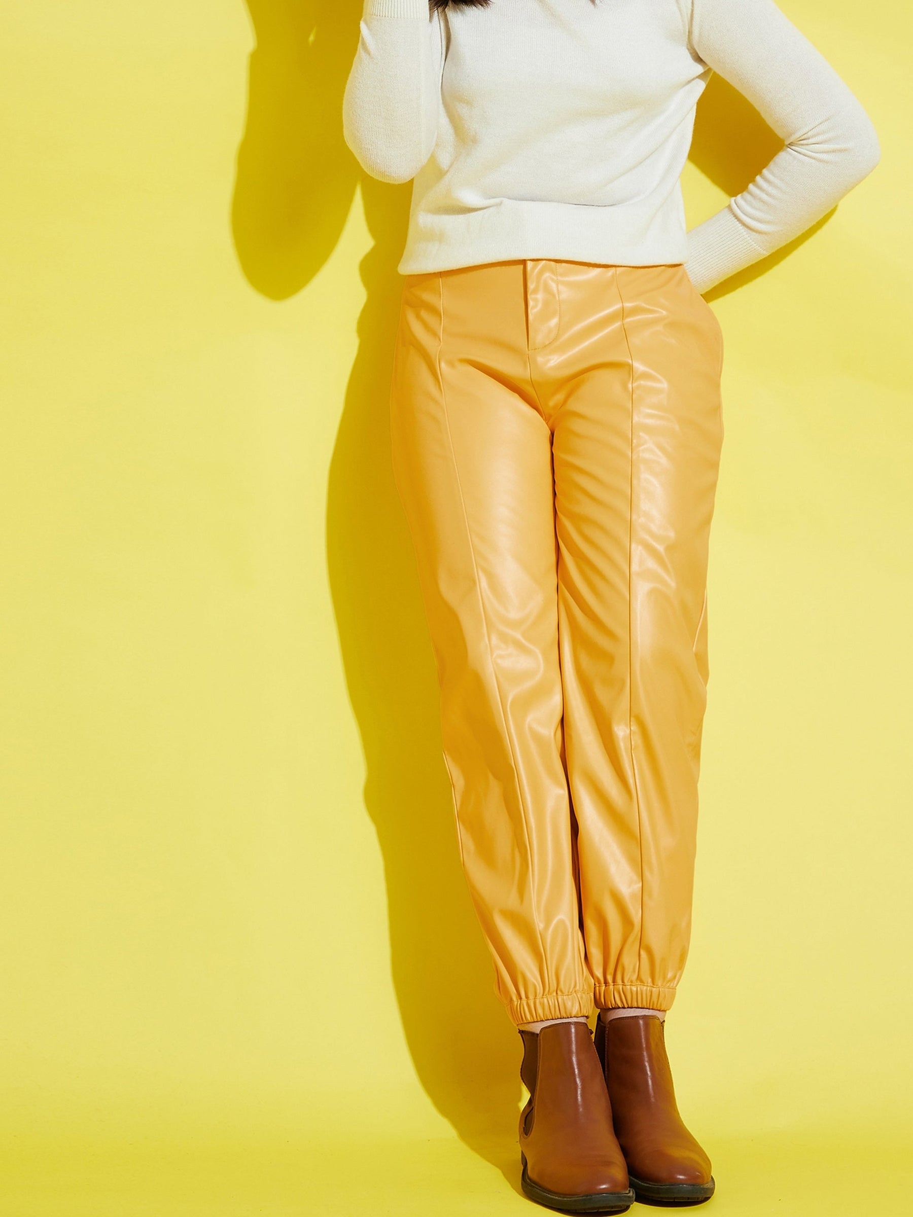 T-Shirt & Fluid Printed Trouser Combo, for Girls - yellow medium solid,  Girls