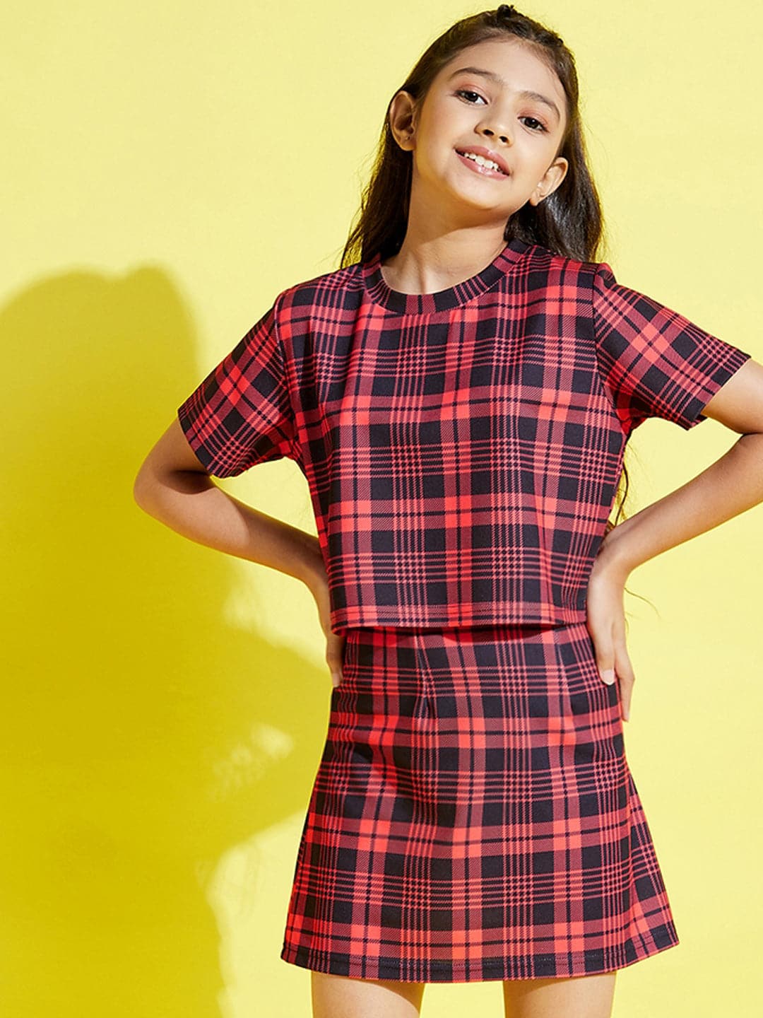 Red & Black Check Crop Top With Skirt-Noh.Voh