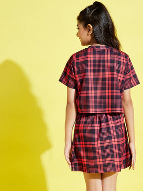 Girls Red & Black Check Crop Top With Skirt
