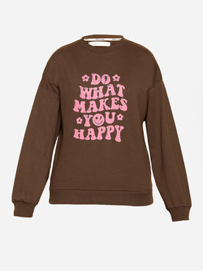 Girls Brown HAPPY Print Terry Sweatshirt With Track Pants