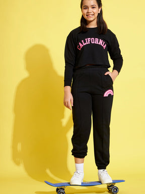 Girls Black Terry Sweatshirt With Paper Bag Joggers
