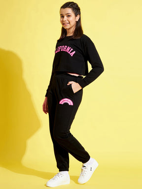 Girls Black Terry Sweatshirt With Paper Bag Joggers