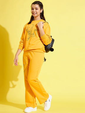 Girls Yellow Face Print Sweatshirt With Track Pants