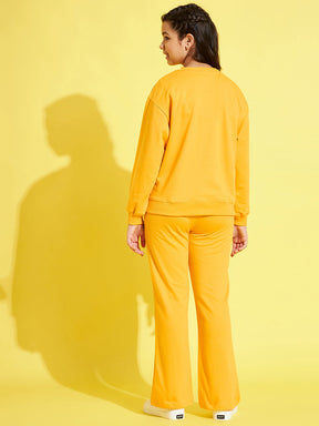 Girls Yellow Face Print Sweatshirt With Track Pants