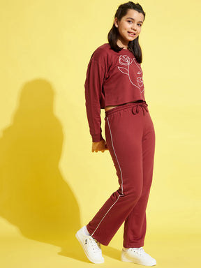 Girls Rust Face Embroidery Sweatshirt with Track Pants