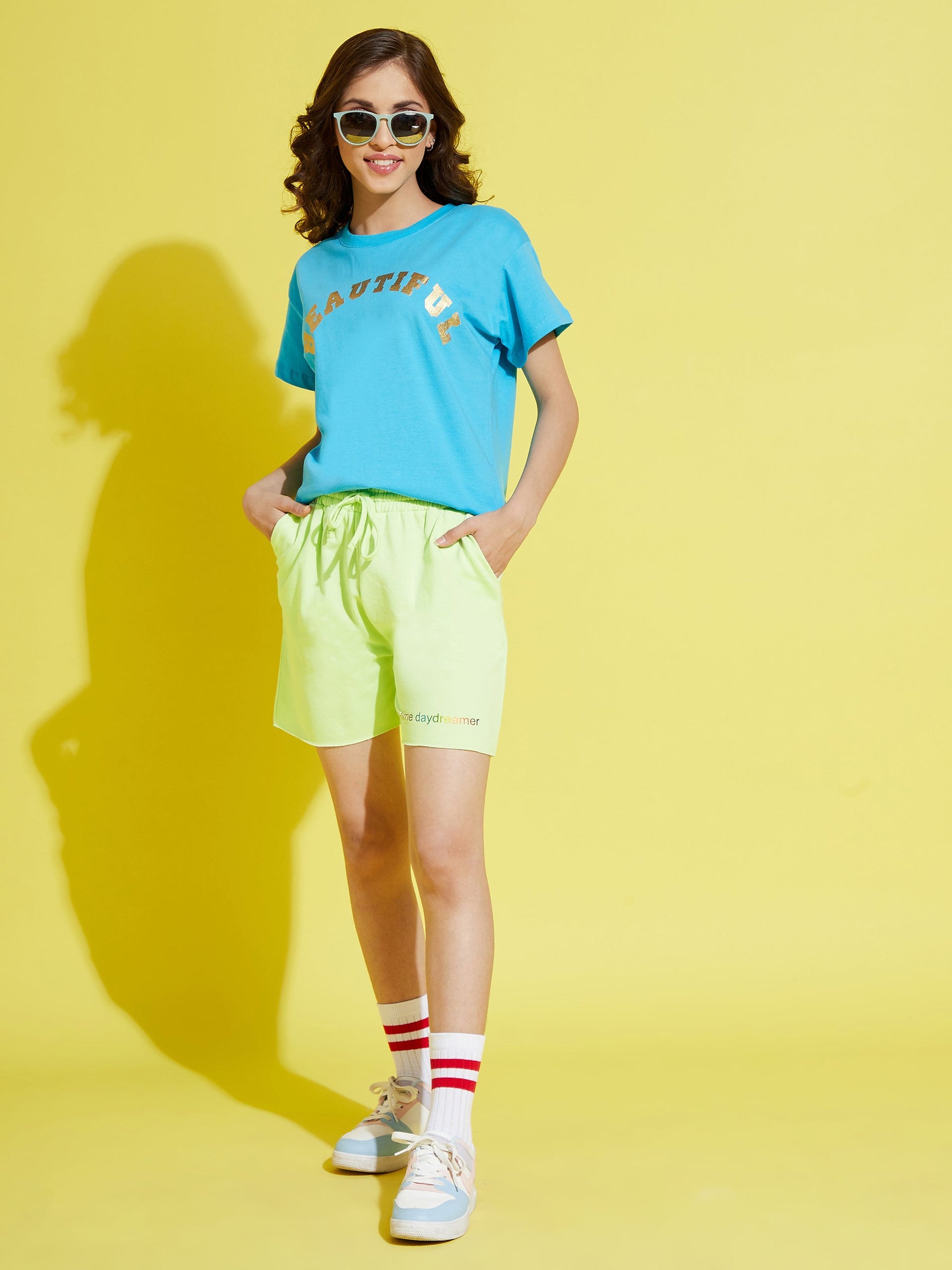 Girls Green Terry Full-Time-Day-Dreamer Baseball Shorts