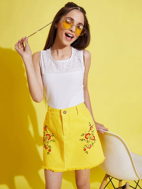 Girls Yellow Embroidery Raw Hem Denim Mini Skirt-Girls Skirts-SASSAFRAS