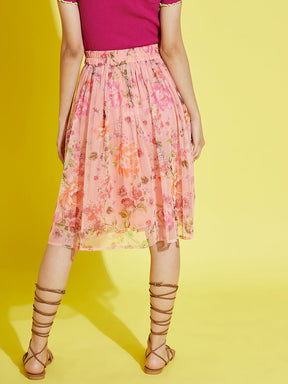 Girls Peach Floral Tulle Gathered Skirt
