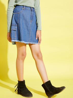 Girls Ice Blue Side Pocket Denim Mini Skirt