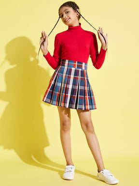 Girls Blue & Red Check Front Pleated Skirt