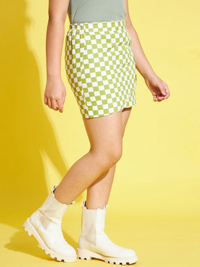 Girls Green & White Geometric Print Twill Mini Skirt