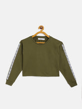 Girls Olive Terry Shoulder Tape Crop Sweatshirt-Girls Sweatshirts-SASSAFRAS