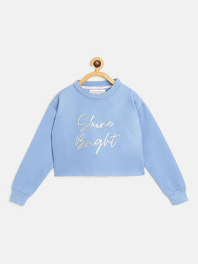 Girls Blue SHINE BRIGHT Foil Print Crop Sweatshirt-Girls Sweatshirts-SASSAFRAS