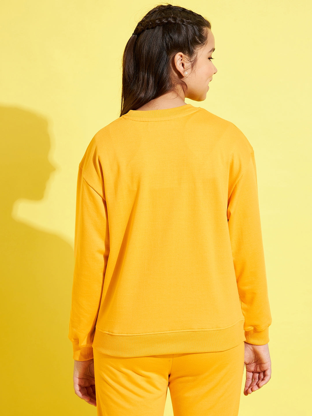Girls Yellow Terry Face Print Drop Shoulder Sweatshirt