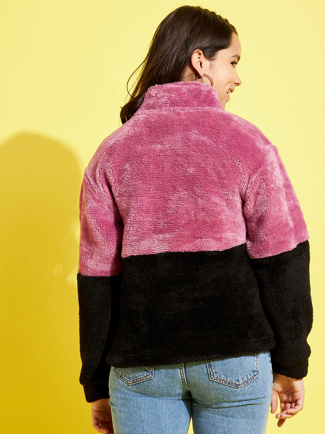 Girls Dark Pink & Black ColourBlock Fur Sweatshirt