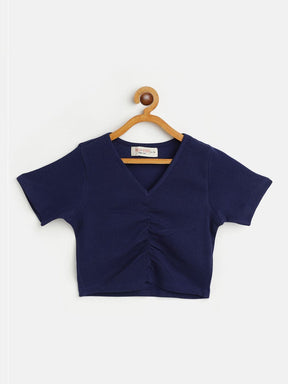 Girls Navy Rib Rouched Front Crop Top-Girls Tops-SASSAFRAS