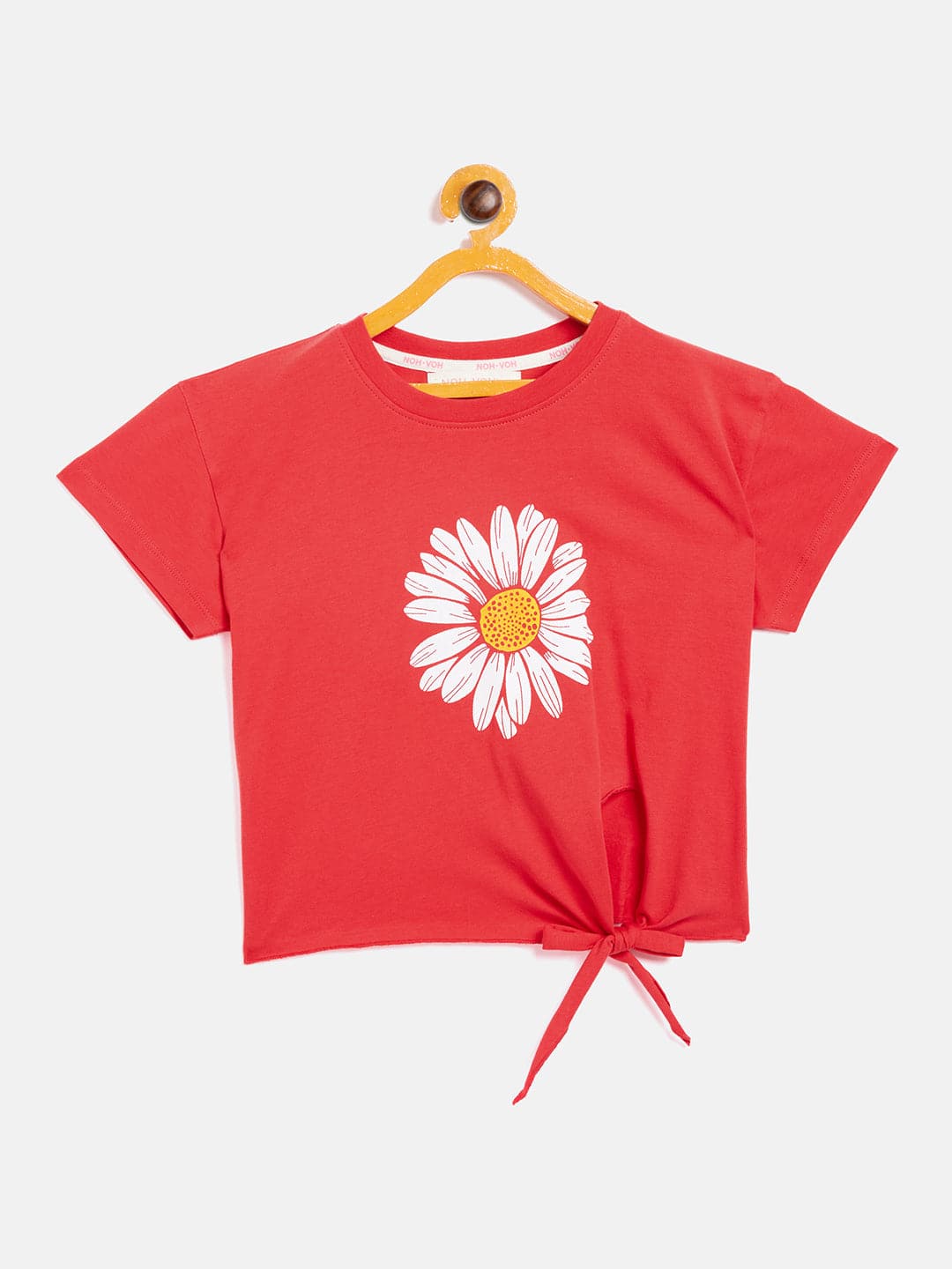 Girls Red Flower Print Tie-Knot Crop T-Shirt-Girls T-Shirts-SASSAFRAS